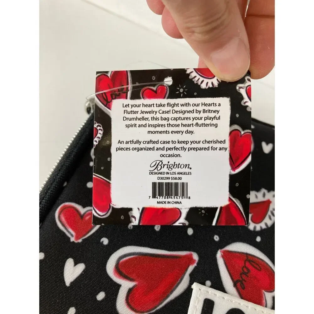 BRIGHTON NWT BLACK RED CANVAS HEART PRINT TRAVEL JEWLERY BOX